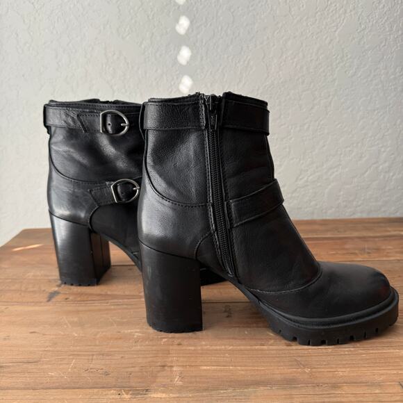 Women's Emanuele Crasto Lug‎ Sole Black Leather Buckle Ankle Boots Size 6.5 - Picture 7 of 10